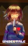  absurdres androgynous brown_hair chromatic_aberration closed_eyes copyright_name expressionless frisk_(undertale) heart highres knife ruishitang solo spotlight striped striped_sweater sweater undertale upper_body window 