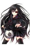  1girl ahoge ball black_hair black_skirt bora_(soccer_spirits) eyepatch grey_eyes highres long_hair looking_at_viewer official_art reason_(ficafe) skirt soccer_ball soccer_spirits solo standing 