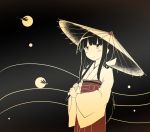  1girl black_background black_eyes black_hair blush bow flat_color hair_bow hakama japanese_clothes long_hair low_ponytail miko oriental_umbrella original ponytail sidelocks smile tamanoti umbrella 