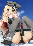  1girl absurdres bismarck_(kantai_collection) black_gloves black_panties blonde_hair blue_eyes breasts detached_sleeves gloves grey_legwear hat highres kantai_collection long_hair looking_at_viewer medium_breasts military military_uniform open_mouth outdoors panties peko scarf sideboob sitting snow solo striped striped_scarf thigh-highs underwear uniform 