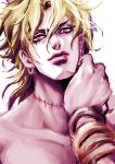  1boy blonde_hair dio_brando earrings hand_on_own_neck jewelry jojo_no_kimyou_na_bouken male_focus musubi_(livnehe) red_eyes scar shirtless signature solo upper_body wrist_cuffs 