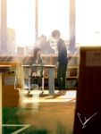  1boy 2girls black_hair blurry book bookshelf chair depth_of_field indoors library long_hair loundraw multiple_girls no_eyes original school_uniform short_hair signature silhouette sitting sunlight table talking transparent window 