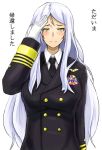  1girl formal gloves kantai_collection long_hair looking_at_viewer military military_uniform saizu_nitou_gunsou salute shinkaisei-kan smile solo ta-class_battleship translated uniform white_gloves white_hair yellow_eyes 