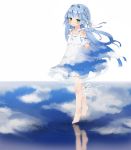  1girl arms_behind_back barefoot blue_hair blush body_blush braid ciel_nosurge closed_mouth clouds dress full_body green_eyes hair_intakes hair_ribbon head_tilt kureudon leg_ribbon long_hair looking_at_viewer reflection ribbon ribbon-trimmed_clothes ribbon_trim ripples sarly_planck sky smile solo surge_concerto very_long_hair white_dress white_ribbon 