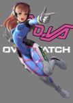  1girl bangs bodysuit breasts brown_eyes brown_hair clothes_writing copyright_name d.va_(overwatch) dutch_angle emblem facepaint facial_mark finger_gun full_body gloves grey_background headphones highres long_hair medium_breasts open_mouth overwatch pilot_suit simple_background solo swept_bangs whisker_markings white_gloves yamaneko_(tkdrumsco) 