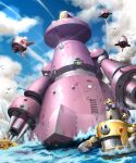  aircraft bird blue_sky blurry cannon claws clouds cloudy_sky commentary_request depth_of_field door from_below kobun mecha napo no_humans open_mouth robot rockman rockman_dash sky smile smoke sparkle spikes tagme water 