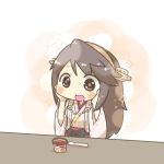  1girl blush_stickers brown_eyes brown_hair commentary_request drooling food hairband hands_on_own_face haruna_(kantai_collection) ice_cream inishie kantai_collection long_hair nontraditional_miko open_mouth smile solo sparkle spoon 