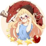  1girl beanie bespectacled blonde_hair blue_shirt cagliostro_(granblue_fantasy) contemporary dragon glasses granblue_fantasy hat hiiragi_yashiro long_hair nail ouroboros_(granblue_fantasy) red-framed_eyewear shirt solo star upper_body violet_eyes 