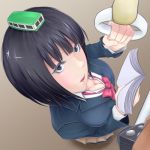  +tic_nee-san 1girl bangs black_hair book breast_lift breasts cleavage from_above holding holding_book large_breasts lips looking_at_viewer okamoto_hazuki pleated_skirt school_uniform skirt solo usutominsutaa violet_eyes 