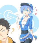  1boy 1girl absurdres alternate_costume baseball_cap blue_eyes blue_hair blue_shorts c3yooooo copyright_name covered_navel cropped_jacket female_protagonist_(pokemon_go) female_protagonist_(pokemon_go)_(cosplay) hair_ornament hair_over_one_eye hat highres holding holding_poke_ball leggings looking_at_another natsuki_subaru open_mouth poke_ball pokemon pokemon_go re:zero_kara_hajimeru_isekai_seikatsu rem_(re:zero) shirt short_hair shorts sweatdrop white_shirt x_hair_ornament 