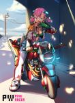  1girl blue_eyes breasts cleavage clouds dark_skin english full_body green_bikini_top ground_vehicle haikeb89 hair_ornament hairclip jacket long_sleeves low_twintails motor_vehicle motorcycle open_clothes open_jacket original outdoors pants pink_hair power_lines shoes short_twintails solo twintails unzipped 