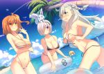  4girls :o ahoge animal animal_on_head arched_back ball bare_arms beach beachball bent_over bikini black_bikini blonde_hair blue_sky blush braid breast_hold breasts closed_mouth clouds cloudy_sky condensation_trail covering covering_breasts covering_mouth cowboy_shot dutch_angle eyes_visible_through_hair fate/grand_order fate_(series) female_protagonist_(fate/grand_order) four_(fate/grand_order) grey_hair hair_over_one_eye halterneck highleg_bikini innertube large_breasts lens_flare long_hair looking_at_viewer mouth_hold multiple_girls navel nude ocean olga_marie one_eye_covered one_side_up open_mouth orange_hair outdoors palm_tree partially_submerged profile saber shielder_(fate/grand_order) shore short_hair side_braid silver_hair single_braid sky smile sparkle standing stomach string_bikini striped striped_bikini summer swimsuit thigh_gap tree under_boob untied untied_bikini ureshiijelek wading wardrobe_malfunction white_bikini yellow_eyes 