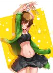  1girl ;) arms_up bike_shorts black_bra black_shorts blush bra breasts brown_eyes brown_hair character_name cleavage cowboy_shot glasses glasses_removed green_jacket grey_skirt hair_between_eyes highres jacket medium_breasts navel off_shoulder one_eye_closed open_clothes open_jacket persona persona_4 persona_4_the_golden pink_lips plaid plaid_skirt pleated_skirt pose satonaka_chie short_hair shorts shorts_under_skirt simple_background skirt smile solo sports_bra standing stomach sweatband sweatdrop taru_neko tomboy track_jacket two-tone_background underwear yellow-framed_eyewear 