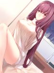  1girl blush cherinova covered_nipples dutch_angle fate/grand_order fate_(series) frown long_hair naked_sweater on_bed purple_hair red_eyes ribbed_sweater scathach_(fate/grand_order) sitting solo sweater 