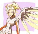  1girl blonde_hair blue_eyes bodysuit breastplate breasts closed_mouth hair_ornament hair_tie long_sleeves lowres mechanical_halo mercy_(overwatch) overwatch pink_lips ponytail short_hair skin_tight solo spread_wings swiss_flag turtleneck upper_body wing_print wings 