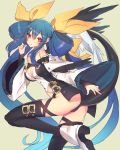  1girl blue_hair breasts dizzy guilty_gear guilty_gear_xrd hair_ribbon large_breasts looking_at_viewer oro_(sumakaita) red_eyes ribbon smile solo tail twintails 