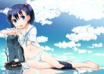  1girl bare_legs barefoot blue_bra blue_eyes blue_hair blue_panties blue_sky blush bow bow_panties bra clouds commentary_request day flat_chest hair_bobbles hair_ornament kokekokko_coma loafers looking_at_viewer navel ooya-san_wa_shishunki open_mouth outdoors panties polka_dot polka_dot_bra polka_dot_panties satonaka_chie_(ooya-san_wa_shishunki) school_uniform serafuku shirt_lift shoes shoes_removed short_hair short_sleeves side_ponytail sitting sky smile socks_removed solo thigh_gap underwear v 