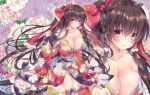  1girl alternate_costume bare_shoulders bent_knees blush bow breasts brown_eyes brown_hair cleavage collarbone commentary_request floral_background floral_print full_body hair_bow hair_tubes hakurei_reimu japanese_clothes kimono large_breasts long_hair long_sleeves looking_at_viewer nail_polish no_bra off_shoulder pekopokox ponytail purple_nails red_bow sidelocks smile solo touhou very_long_hair wide_sleeves zoom_layer 