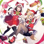  2girls :d ;d animal_ears animal_hood ankle_boots bangs bell belt black_gloves black_legwear blonde_hair blue_eyes blunt_bangs bob_cut boots bow brown_hair capelet cat_hood cat_tail christmas coat commentary_request dog_ears dog_tail dress eyebrows_visible_through_hair fang fingerless_gloves fishnet_legwear fishnets floating fur-trimmed_capelet fur-trimmed_dress fur-trimmed_footwear fur_trim gift gingerbread_man gloves green_bow green_ribbon hat high_heel_boots high_heels highres holding holding_bell holding_sack hood hood_down hooded_capelet kmnz leg_up legwear_under_shorts long_hair looking_at_viewer mc_lita mc_liz multiple_girls one_eye_closed open_mouth over_shoulder pantyhose reaching_out red_capelet red_coat red_dress red_footwear red_gloves red_headwear red_ribbon ribbon sack santa_costume santa_dress santa_gloves santa_hat short_dress short_hair shorts shugao smile sparkle star_(symbol) tail thigh-highs violet_eyes white_belt 