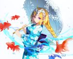  1girl 2016 ahoge animal artist_name astarone black_bow blue_eyes bow braid breasts closed_mouth dated earrings eyebrows eyebrows_visible_through_hair fate/grand_order fate_(series) fish floral_print goldfish headpiece holding holding_umbrella japanese_clothes jewelry kimono long_hair long_sleeves low-tied_long_hair medium_breasts ruler_(fate/apocrypha) sash simple_background single_braid smile solo standing umbrella underbust very_long_hair white_background white_umbrella wide_sleeves yukata 