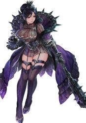  1girl aoin black_hair black_legwear breasts crown garter_straps gauntlets hair_bun highres large_breasts long_hair mace original panties see-through simple_background skull solo spiked_mace thigh-highs underwear violet_eyes weapon 