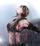  1girl blood breasts brown_hair closed_eyes front-tie_top highres looking_up metal_gear_(series) metal_gear_solid_v mosoru outstretched_arms pouch quiet_(metal_gear) rain sideboob signature solo upper_body wet 