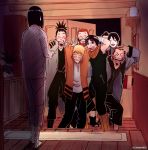  1girl 6+boys aburame_shino akimichi_chouji boruto:_naruto_the_movie colored door drooling drunk hyuuga_hinata inuzuka_kiba multiple_boys nara_shikamaru naruto rock_lee sai smile uzumaki_naruto 