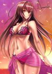  1girl bikini brown_hair fate/grand_order fate_(series) long_hair parted_lips red_eyes sarong scathach_(fate/grand_order) signature solo standing swimsuit wa-kun 