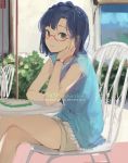  1girl akame_(akamiru) blue_hair blush chair chin_rest crossed_legs glasses green_eyes idolmaster idolmaster_million_live! looking_at_viewer nanao_yuriko short_hair sitting solo table 