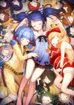  3girls aeng_dyu blue_eyes blue_hair bow closed_eyes collarbone girl_sandwich hair_bow hair_ribbon highres long_hair lying multiple_girls on_back on_side original pajamas red_bow ribbon sandwiched short_hair sleeping smile striped striped_ribbon twintails 