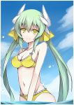  1girl aqua_hair bikini blush breasts cleavage fate/grand_order fate_(series) hair_ribbon head_tilt horns kiyohime_(fate/grand_order) kotaka light_smile long_hair looking_at_viewer midriff navel partially_submerged ribbon sky smile solo standing swimsuit twintails very_long_hair water yellow_bikini yellow_eyes 