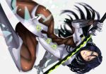  1girl armor ass black_hair blue_eyes dutch_angle female genderswap genderswap_(mtf) genji_(overwatch) katana knife long_hair looking_at_viewer overwatch parted_lips shei99 skin_tight solo sword throwing_knife weapon white_background 