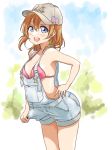  1girl american_flag armpits bare_arms bare_shoulders bikini_top blue_eyes breasts cleavage england from_side hair_between_eyes hand_in_pocket jockey kousaka_honoka looking_at_viewer love_live! love_live!_school_idol_project medium_breasts midriff open_mouth orange_hair overalls short_hair sideboob skindentation solo tetopetesone thighs 