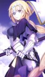  1girl armor armored_dress blonde_hair blurry braid capelet commentary_request cowboy_shot depth_of_field fate/grand_order fate_(series) flag from_side gauntlets grey_eyes headpiece long_hair looking_at_viewer parted_lips ruler_(fate/apocrypha) ruler_(fate/grand_order) single_braid solo tetsu_(countryside) 