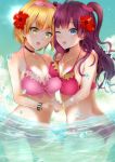  2girls :d ;3 ;d ass bikini blonde_hair blue_eyes blush breasts brown_hair celicaxxx choker from_side green_eyes holding_hands ichinose_shiki idolmaster idolmaster_cinderella_girls jewelry long_hair miyamoto_frederica multiple_girls necklace one_eye_closed open_mouth partially_submerged short_hair smile swimsuit two_side_up water 