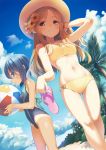  2girls ball beachball bikini blue_eyes blue_hair blush bouzu_(bonze) brown_eyes brown_hair clouds competition_swimsuit flower hair_flower hair_ornament hat highres long_hair looking_at_viewer multiple_girls navel one-piece_swimsuit one-piece_tan original palm_tree sandals sandals_removed short_hair sky smile sun_hat sunflower_hair_ornament swimsuit tan tanline tree yellow_bikini 