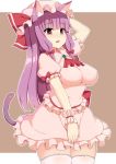  1girl animal_ears bow breasts brooch cat_ears cat_tail cosplay cowboy_shot hair_bow hat hat_ribbon heart heart-shaped_pupils highres impossible_clothes jewelry kemonomimi_mode long_hair medium_breasts miniskirt ocha_(ochappie) patchouli_knowledge puffy_short_sleeves puffy_sleeves purple_hair red_bow red_eyes red_ribbon remilia_scarlet remilia_scarlet_(cosplay) ribbon short_sleeves sidelocks simple_background skirt solo standing symbol-shaped_pupils tail thigh-highs thighs touhou white_legwear wrist_cuffs zettai_ryouiki 