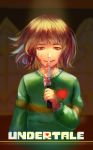  absurdres androgynous blood blood_on_face bloody_clothes bloody_hands bloody_knife brown_hair chara_(undertale) chromatic_aberration copyright_name evil_smile heart highres knife open_mouth red_eyes ruishitang smile solo spoilers spotlight striped striped_sweater sweater teeth undertale upper_body window 