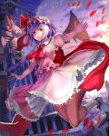  1girl aa44 architecture ascot bat_wings bent_knees building cityscape dress floating full_body gothic_architecture hair_between_eyes hair_ribbon hat lavender_hair looking_at_viewer mob_cap pink_dress pointy_ears red_eyes remilia_scarlet ribbon short_hair smile solo touhou vampire wings 