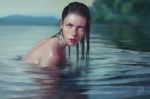  1girl 2015 blue_eyes blurry_background brown_hair commentary dated day eyebrows istarlove lake lips lipstick long_hair looking_at_viewer makeup nose nude original outdoors parted_lips partially_submerged photorealistic red_lipstick reflection solo water wet wet_hair 