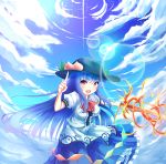 &gt;:d 1girl :d blue_hair bow bowtie breasts clouds cloudy_sky dress fire food food_on_head fruit fruit_on_head hak hat hinanawi_tenshi index_finger_raised layered_dress long_hair looking_at_viewer medium_breasts object_on_head open_mouth peach red_eyes sky smile solo star_(sky) sword_of_hisou touhou very_long_hair wind
