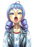  1girl absurdres black_vest blue_hair blue_shirt commentary_request dead_by_daylight dirty dirty_face drill_hair eyelashes eyeshadow feng_min highres makeup open_mouth painting_(medium) shirt short_eyebrows solo takayama_akira tongue tongue_out traditional_media twin_drills twintails upper_body vest violet_eyes watercolor_(medium) 