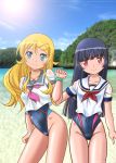  2girls aqua_eyes black_hair blonde_hair competition_swimsuit gokou_ruri kazuna_(farangi) kousaka_kirino long_hair multiple_girls no_pants one-piece_swimsuit ore_no_imouto_ga_konna_ni_kawaii_wake_ga_nai red_eyes school_uniform scrunchie serafuku standing swimsuit swimsuit_under_clothes 