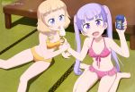  2girls :d absurdres amasaki_manamu arm_grab arm_support barefoot bikini blonde_hair blue_eyes blush brown_hair camera collarbone copyright_name eyebrows eyebrows_visible_through_hair food frilled_bikini frills hair_bobbles hair_ornament halterneck head_tilt highres holding holding_camera holding_food ice_cream lavender_hair licking long_hair looking_at_viewer multiple_girls navel new_game! official_art open_mouth outstretched_arm pink_bikini ponytail red_swimsuit sakura_nene shinoda_hajime sitting smile soft_serve standing suzukaze_aoba swimsuit table takimoto_hifumi tatami tongue tongue_out twintails very_long_hair violet_eyes yellow_swimsuit 