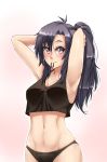  1girl adjusting_hair alternate_hair_length alternate_hairstyle antenna_hair armpits arms_up black_hair black_panties blush idolmaster kikuchi_makoto long_hair looking_at_viewer midriff mouth_hold navel panties ponytail solo twrlare tying_hair underwear violet_eyes 