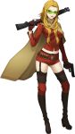  1girl boots cape doi_masayuki glasses gun handgun highres long_hair nozomi_(shin_megami_tensei_iv) official_art orange_hair over_shoulder shin_megami_tensei shin_megami_tensei_iv shin_megami_tensei_iv_final shorts shotgun shotgun_shells solo thigh-highs thigh_boots trigger_discipline weapon weapon_over_shoulder 