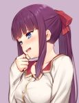  1girl bangs blue_eyes blunt_bangs blush brown_hair buttons collarbone covering_mouth hair_ornament long_hair long_sleeves looking_away mikazuchi_zeus new_game! open_mouth ponytail purple_background ribbon shirt sidelocks simple_background sleeves_past_wrists solo takimoto_hifumi upper_body 