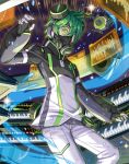  1boy 2d acidmond black_gloves cowboy_shot fingerless_gloves gas_mask gloves green_eyes green_hair holographic_interface instrument keyboard_(instrument) looking_at_viewer lowres male_focus official_art show_by_rock!! solo stereo 
