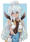  1girl ahoge armor armored_dress bare_shoulders commentary_request credit_card dark_skin gloves granblue_fantasy long_hair looking_at_viewer mushi024 red_eyes silver_hair solo the_order_grande 