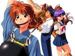  1boy 2girls arm_up armor asuka_(viper) brown_eyes brown_hair floating_hair grin katsura_ken&#039;ichirou long_hair looking_at_viewer multiple_girls official_art pleated_skirt purple_hair school_uniform shinai short_hair simple_background skirt smile source_request sword viper viper_ctr weapon white_background 